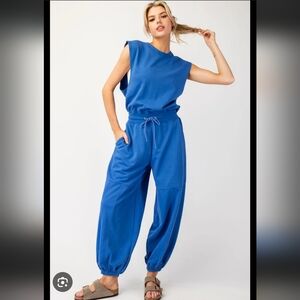 Eesome NWT Royal Blue Mineral Washed Open Back Jumpsuit Size Large